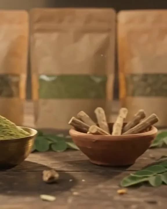 Bowls of Ayurvedic herbs, powders and seeds on a sunlit wooden table beside kraft pouches