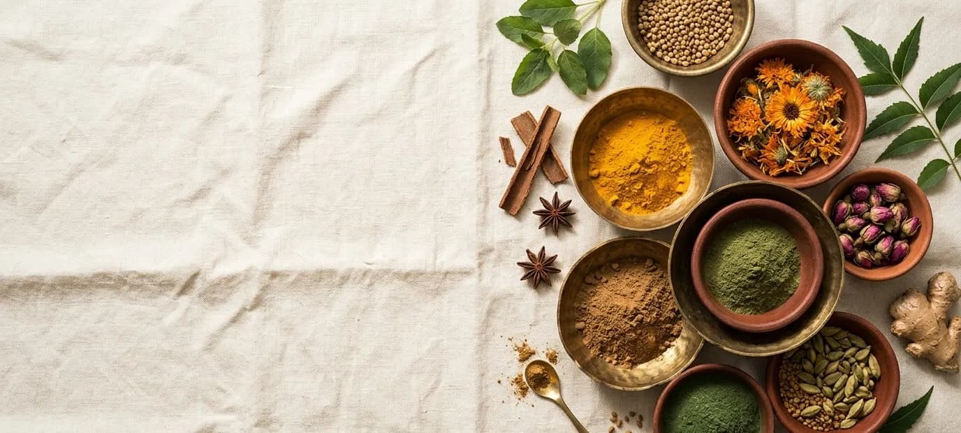 Dried herbs, roots and powders arranged on a wooden table